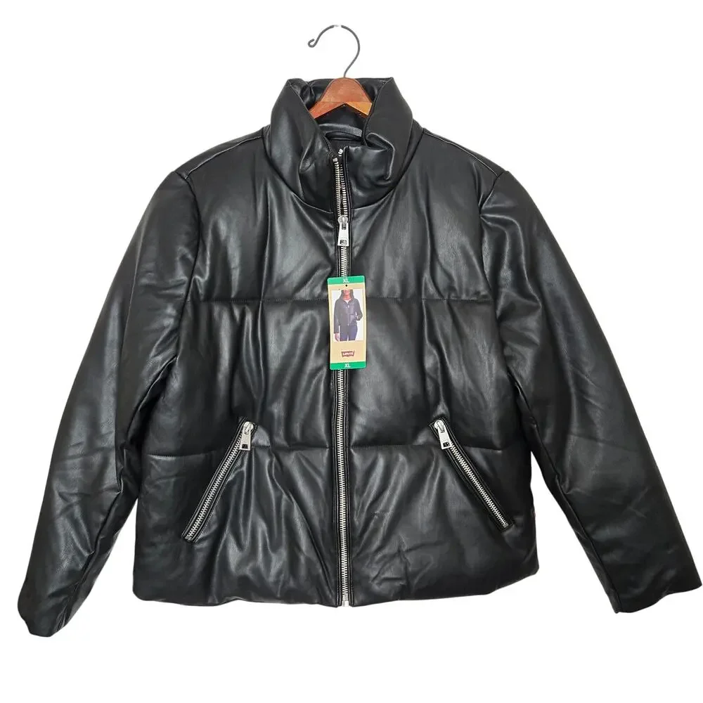 New Levi Strauss Faux Leather Short Puffer Zip up Black Women's Jacket Size XL - Picture 5 of 11